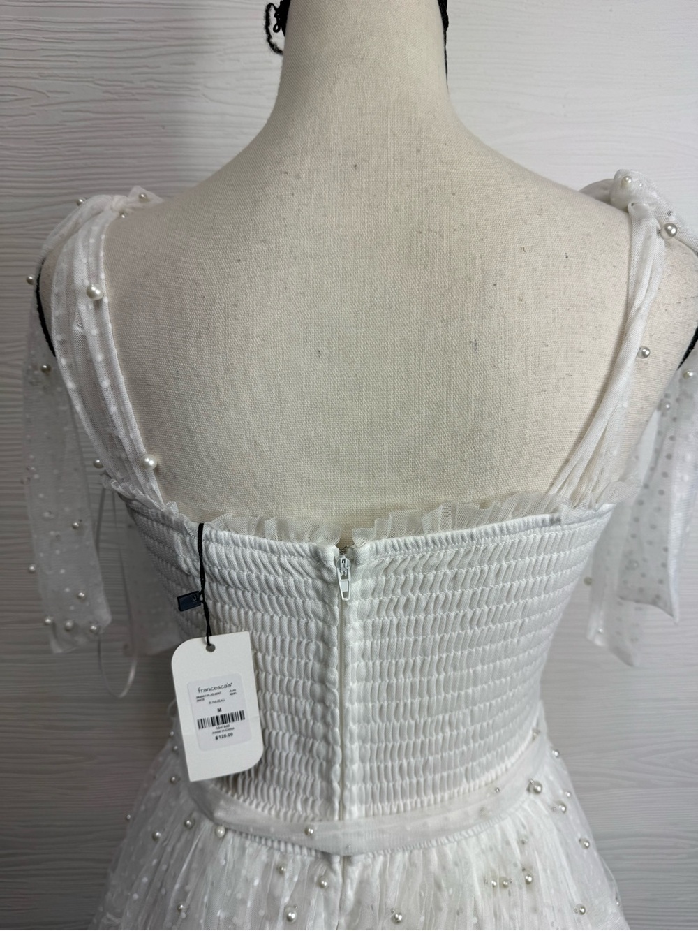 Francesca's Collections White Tie-Shoulder Tulle Pearl Mini Dress Medium - Picture 7 of 7